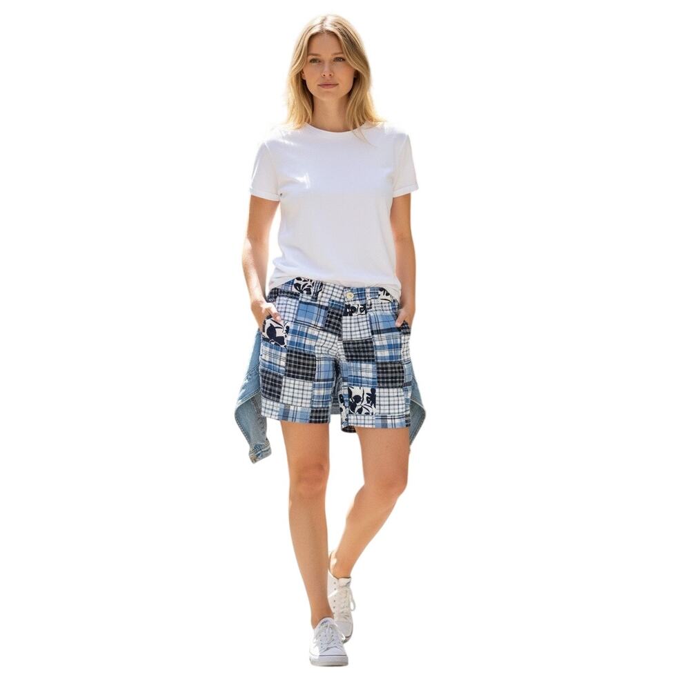 Smug Jeans Blue Patchwork Plaid & Floral Shorts size 8